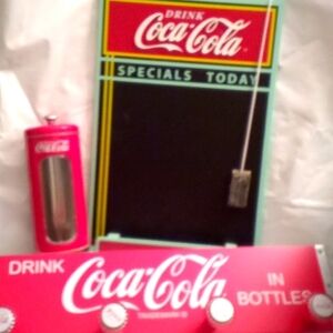Coke Cola set, straw holder, wall chalk board, wall hanger for keys all repo's